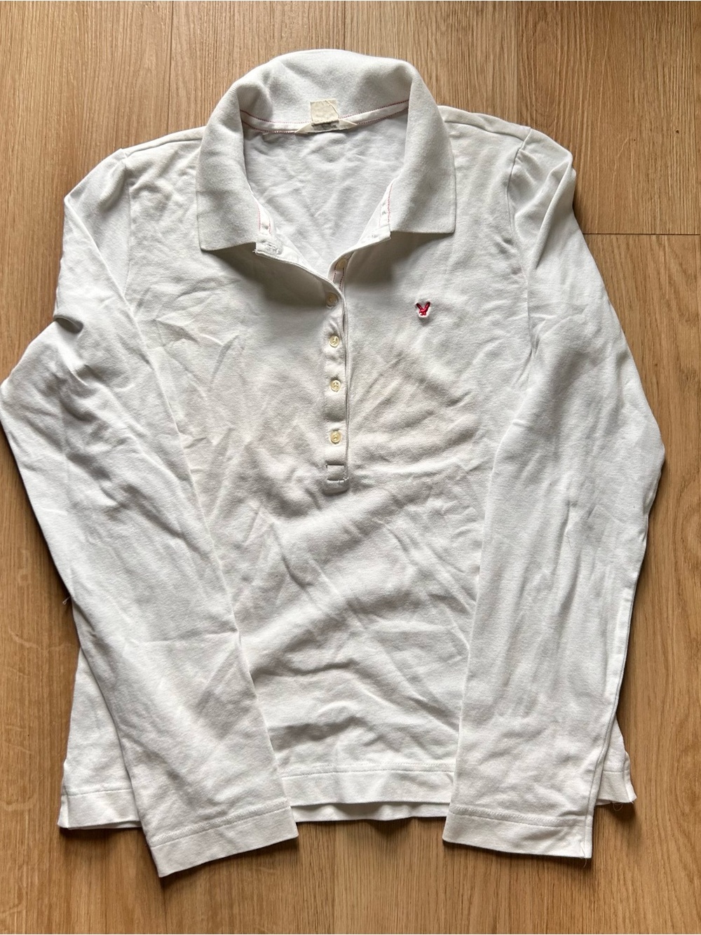 American Eagle Outfitters White Long-Sleeve Polo with Pink Stitching